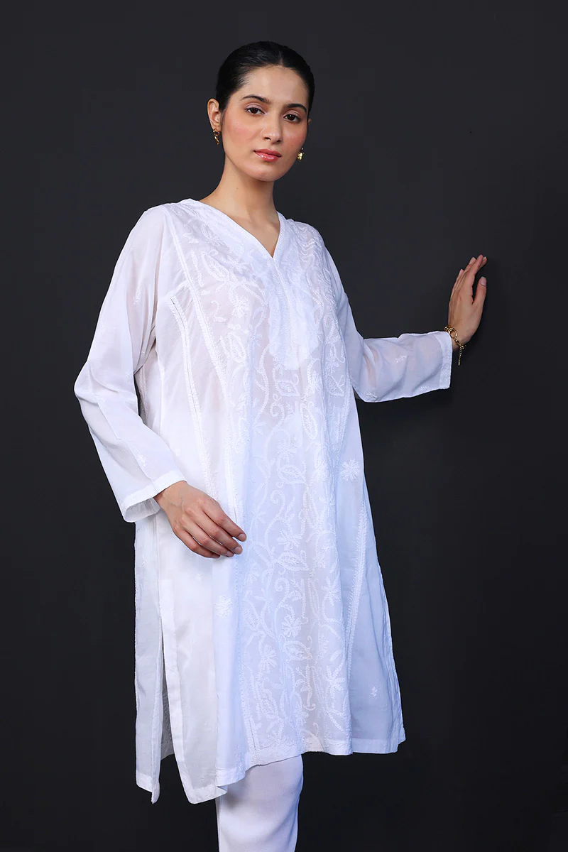 N K R White Shadow Work Kurta - Image 4